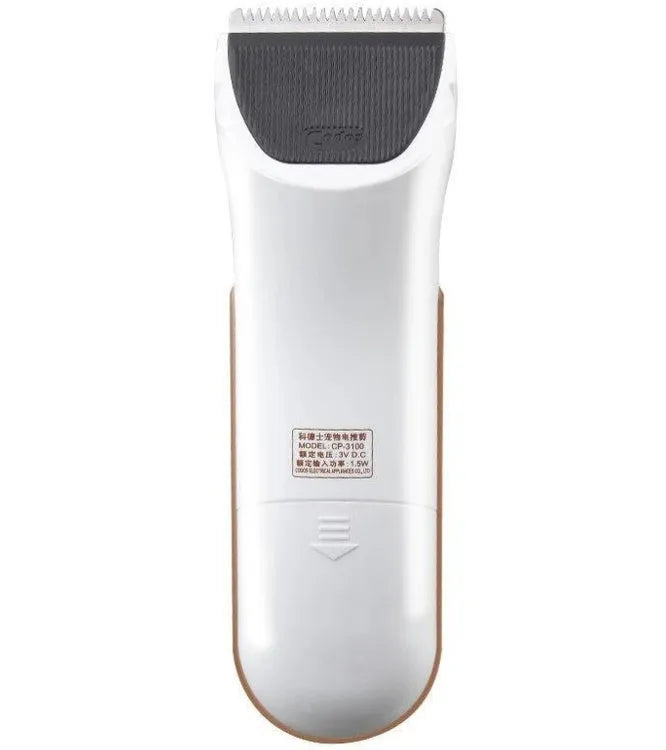 White cordless electric pet hair clipper with ceramic blade for dog and cat grooming.
