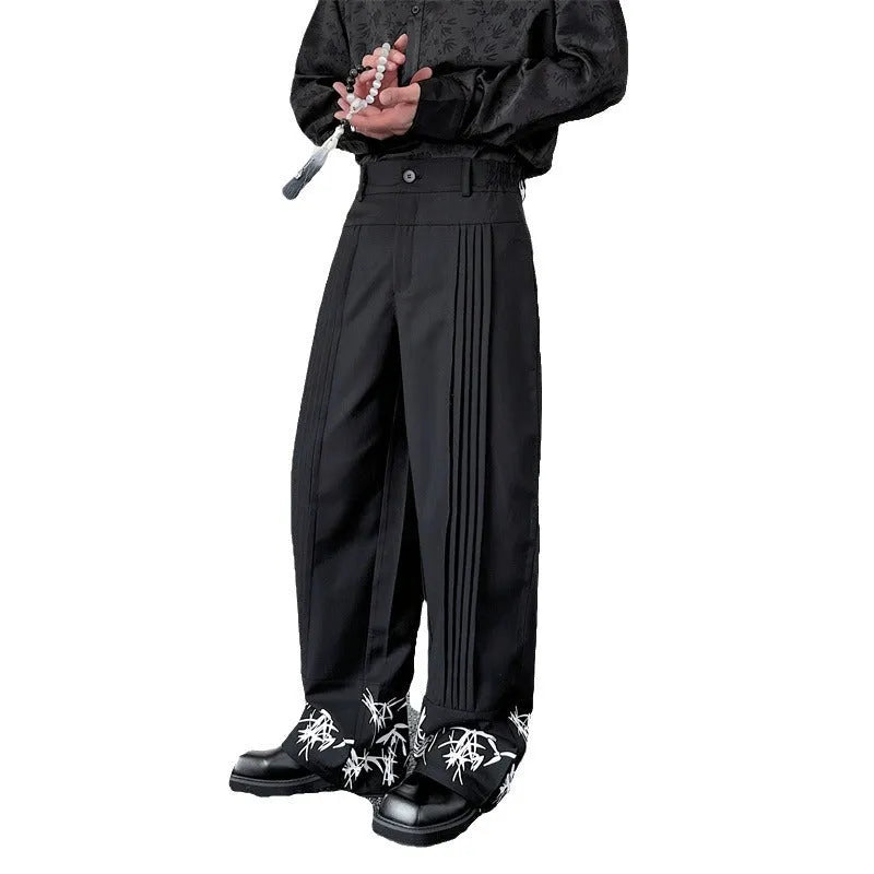 Pleated wide leg straight pants black cotton blend with elastic waist on mannequin