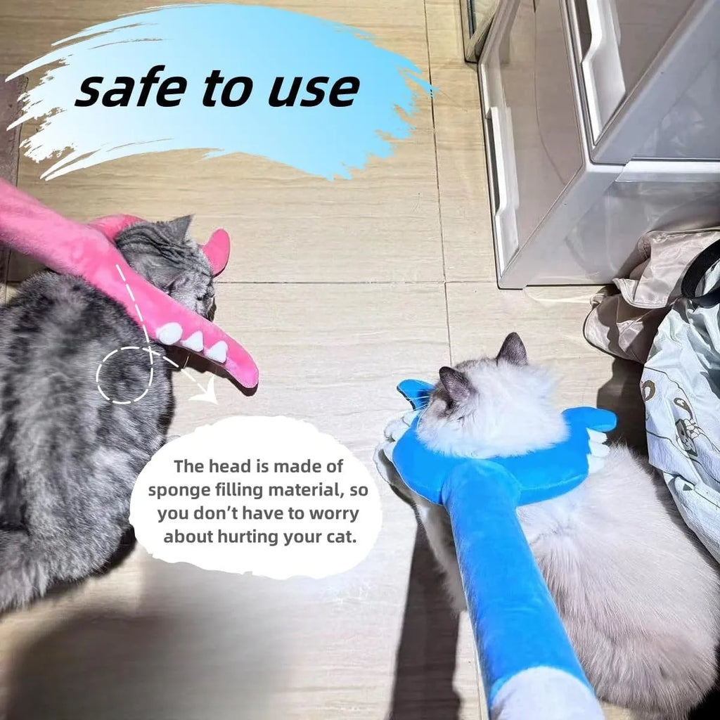 Blue plush cat wand toy with foam-filled head measuring 70cm length for interactive pet play