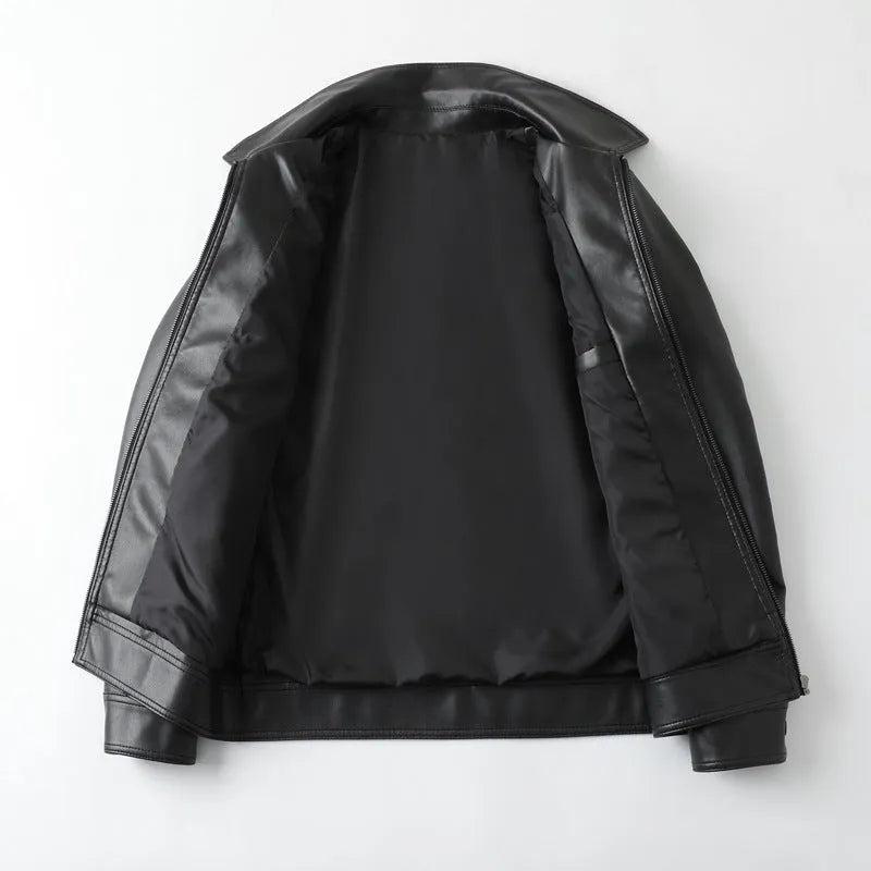 Men's black PU leather casual jacket with zipper pockets and loose fit design