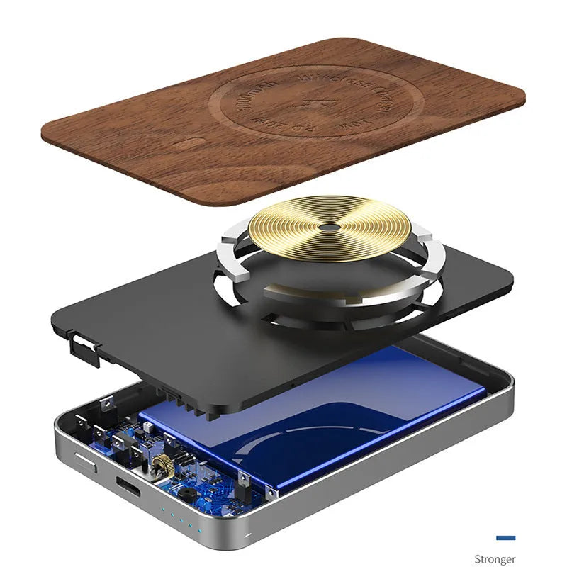 Khaki-coloured magnetic wireless charging bank with 5000mAh capacity and compact design