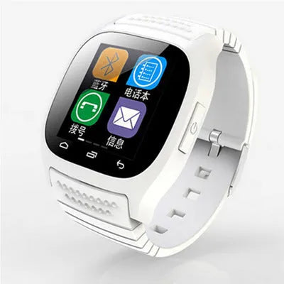 Smart Bluetooth sports watch in black, white, or blue, showing smartphone compatibility and features like calling and fitness tracking.