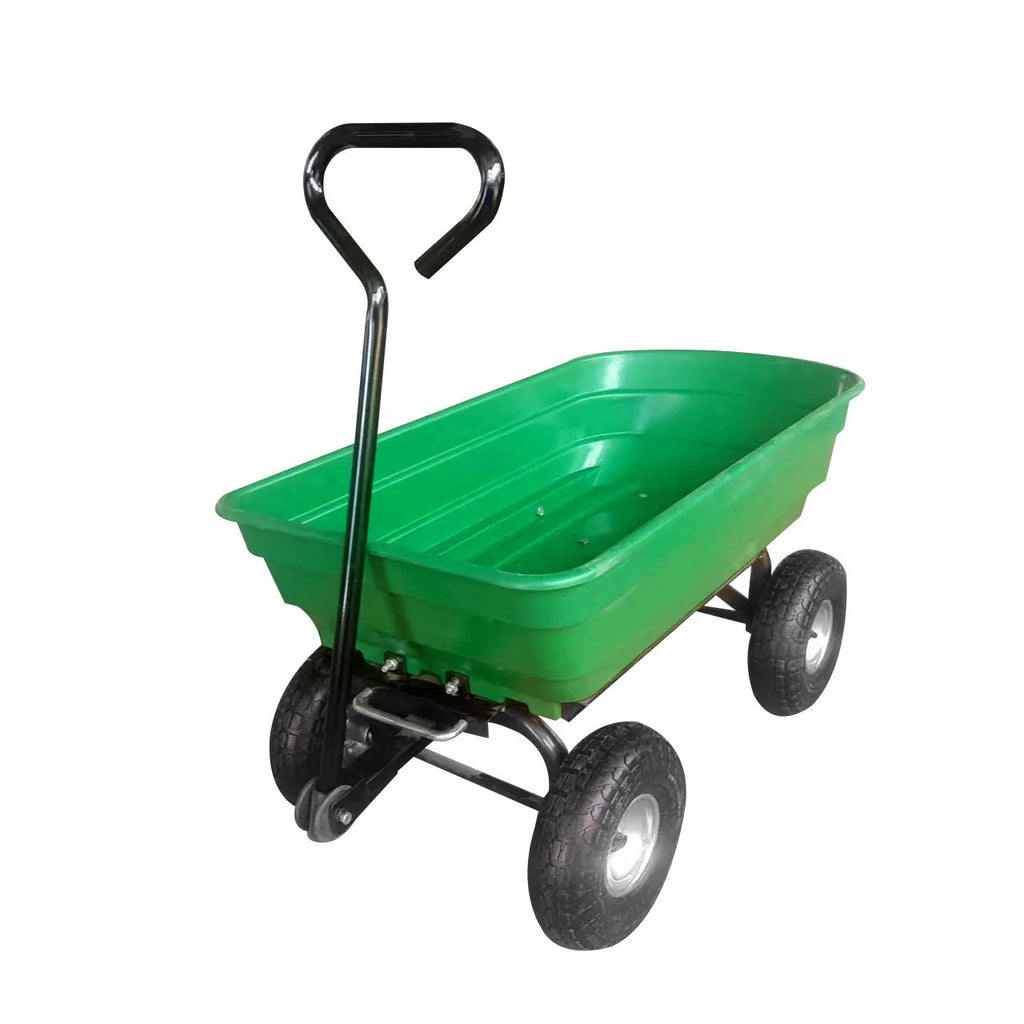 Green four-wheel plastic TC2145 dumptruck toy for kids on a white background.