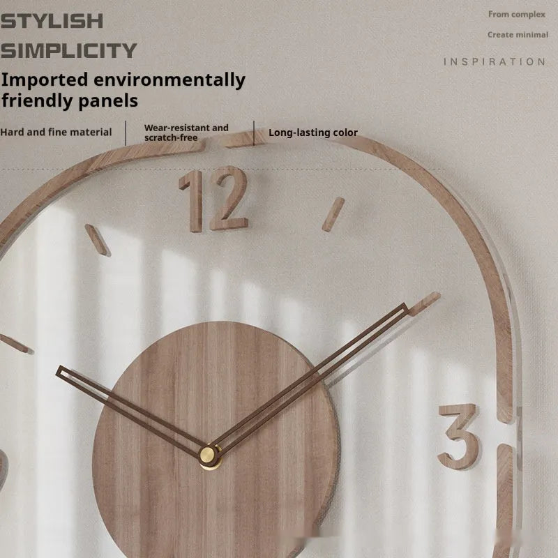 Transparent wooden frame wall clock in 35cm square modern design for living room or office