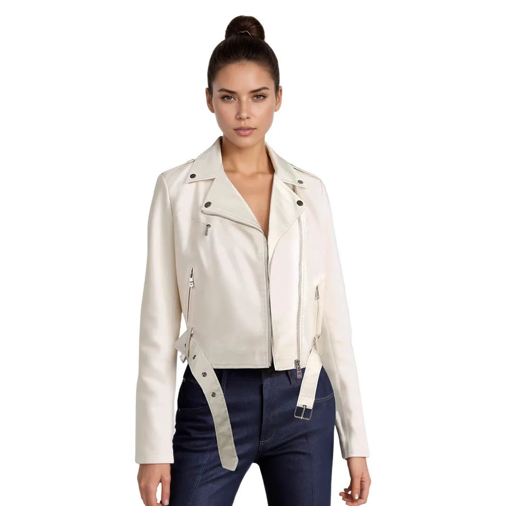 Women's black PU leather motorcycle-style jacket with lapel collar and waist belt on a hanger