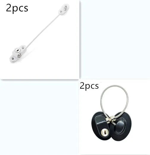 White window security chain lock with steel cable and adhesive base on a window frame