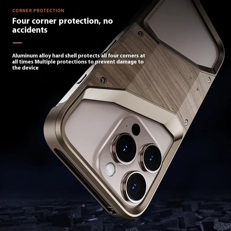 Hollow solid wood and aluminium phone case half pack design dark gray compatible with iPhone 15 and 16 series