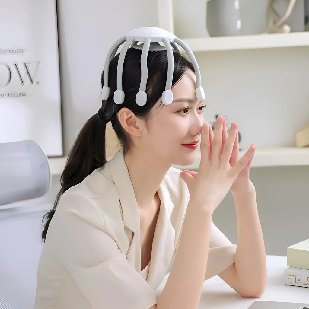 USB head massager with flexible silicone claws in black, white, or upgrade model