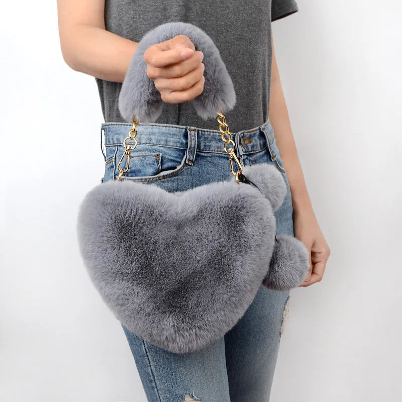 Heart-shaped women's plush handbag with shoulder strap in multiple colour options
