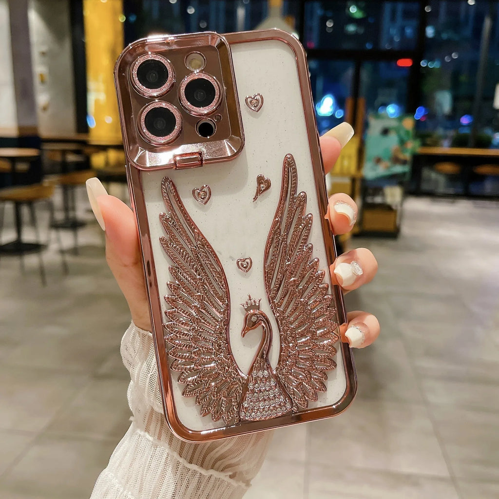 TPU phone case with electroplated three-dimensional angel wing frame and built-in invisible bracket, transparent back, shown in black