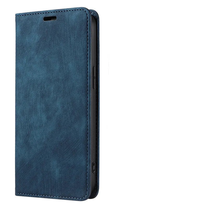 Genuine leather magnetic flip phone case for iPhone showing closed position with magnetic closure