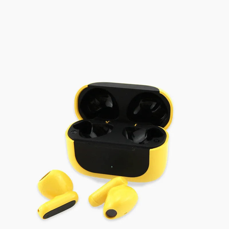 Yellow Jerry cartoon wireless Bluetooth headphones with earplug design and charging cable