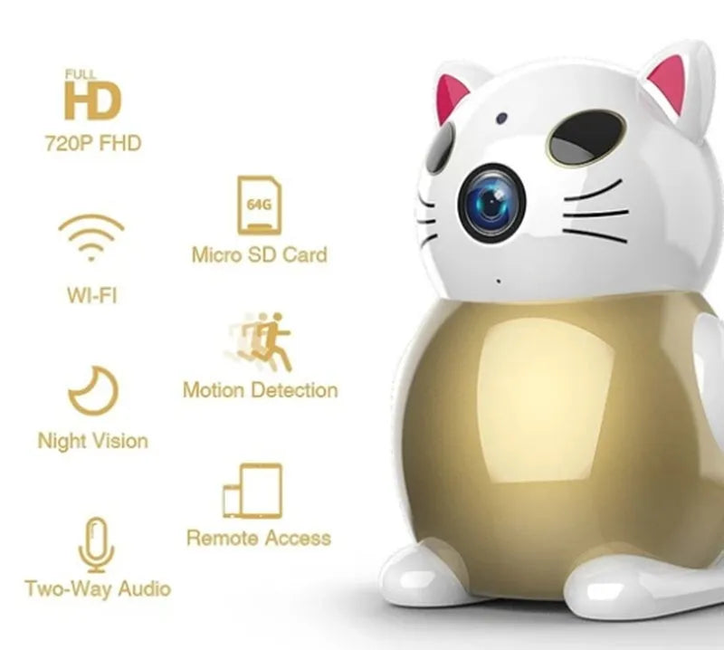 Gold Lucky Cat battery-powered wireless camera with 2MP HD sensor for indoor remote monitoring