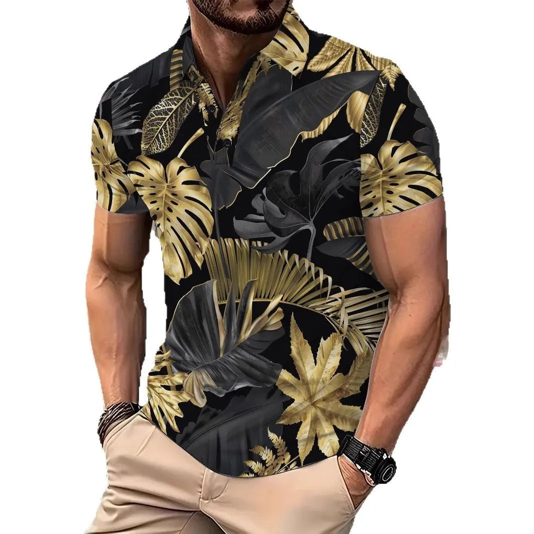 Men's gold tropical plant pattern printed short sleeve shirt in polyester fabric