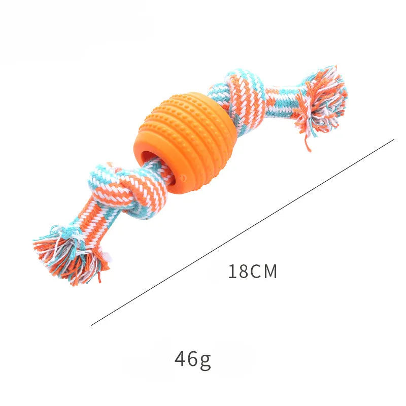 Blue molar-shaped dog chew toy with rope strands for dental cleaning