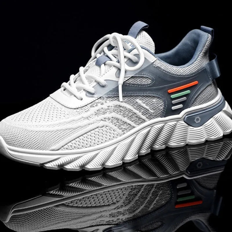 Men's white blue platform casual running shoes with mesh upper and cross shoulder straps