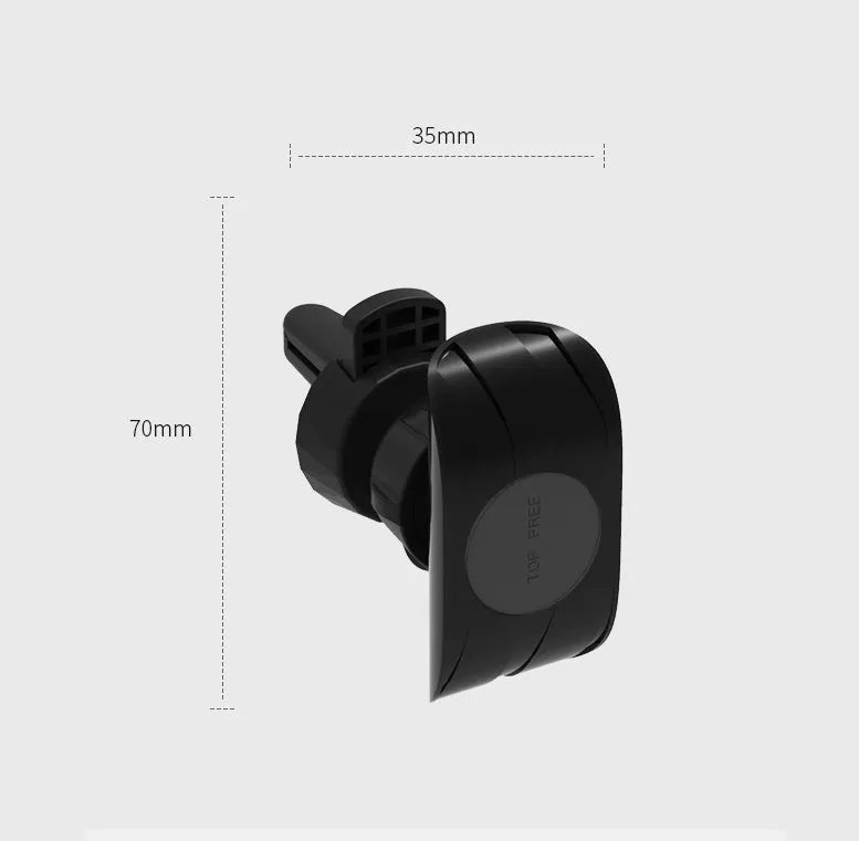 Black car phone holder mounted on car air vent with adjustable clamp and flexible positioning arm