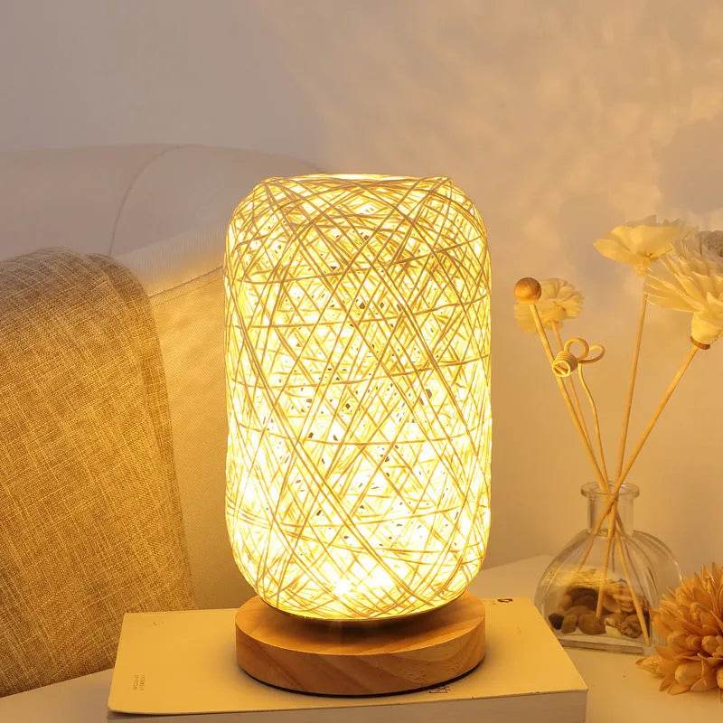 Twine Sepak Takraw desk lamp with woven hemp rope shade on solid wood base