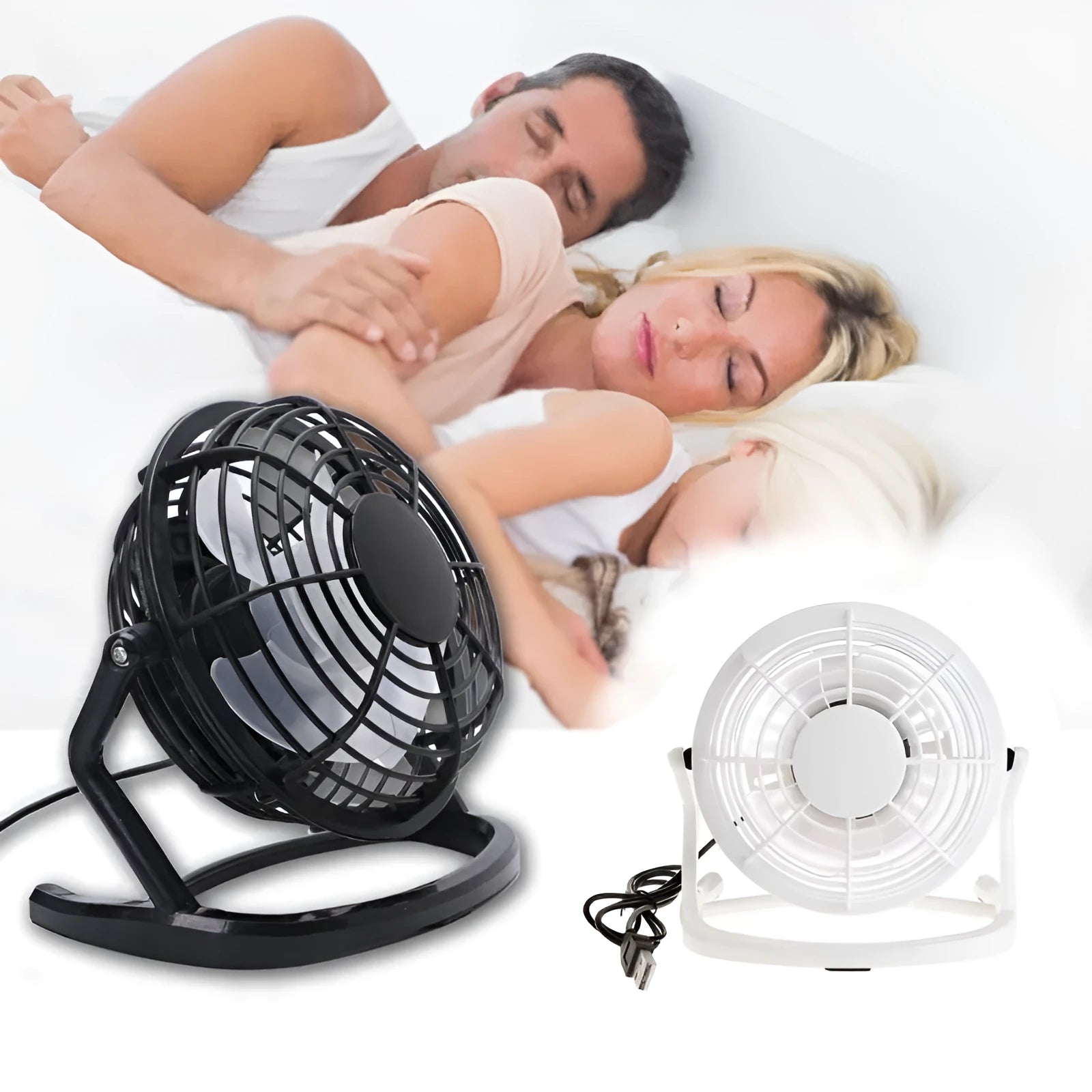 Mini USB desk fan with adjustable tilt angle in black, white, or blue colour options