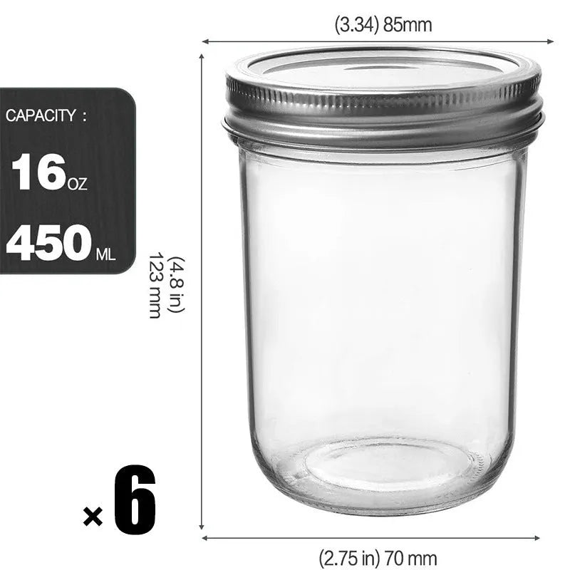 16oz glossy transparent soda lime glass wide mouth sealed jar 6 pack