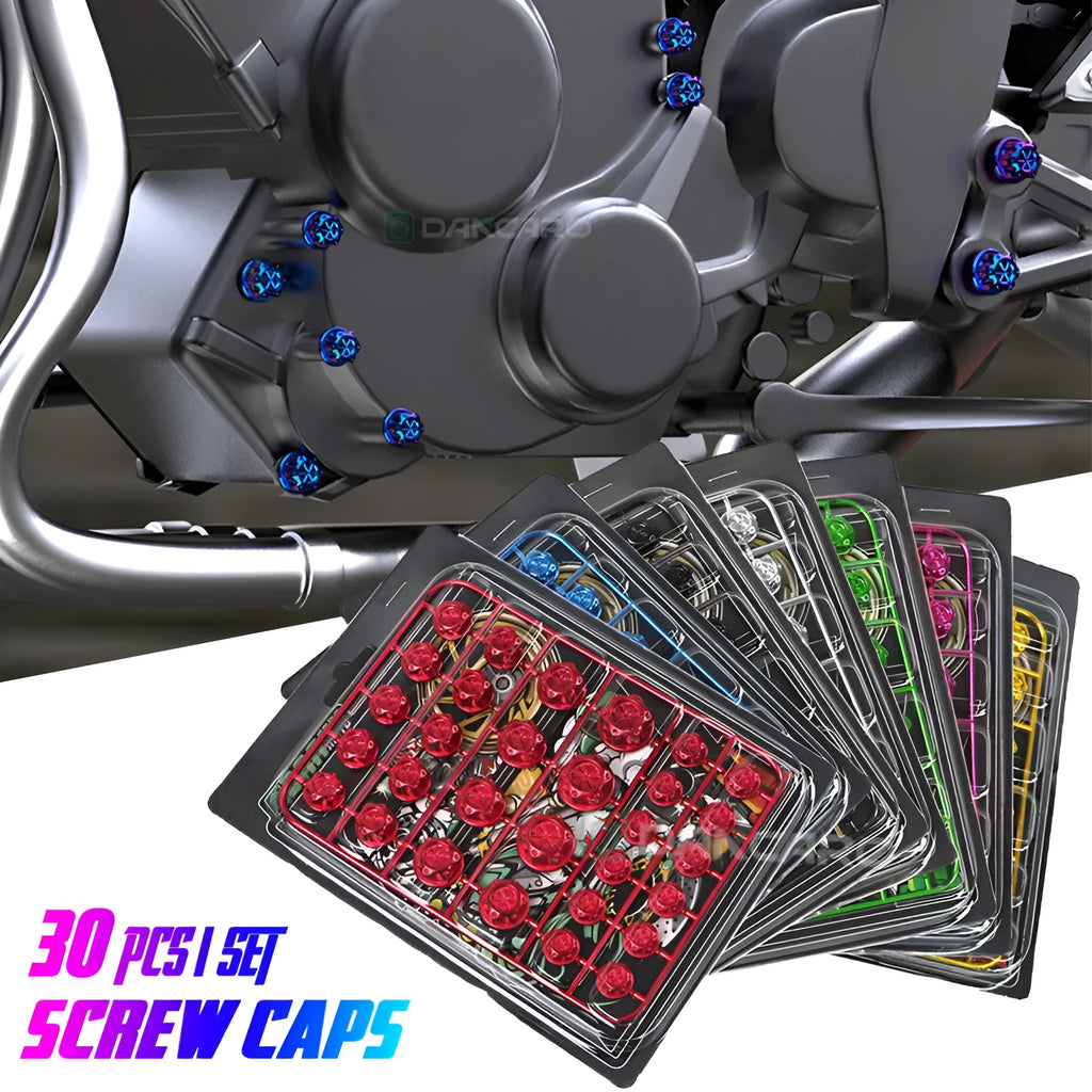 30-piece motorcycle screw cap set in eight colours including black, red, gold, blue, silver, green, orange and purple
