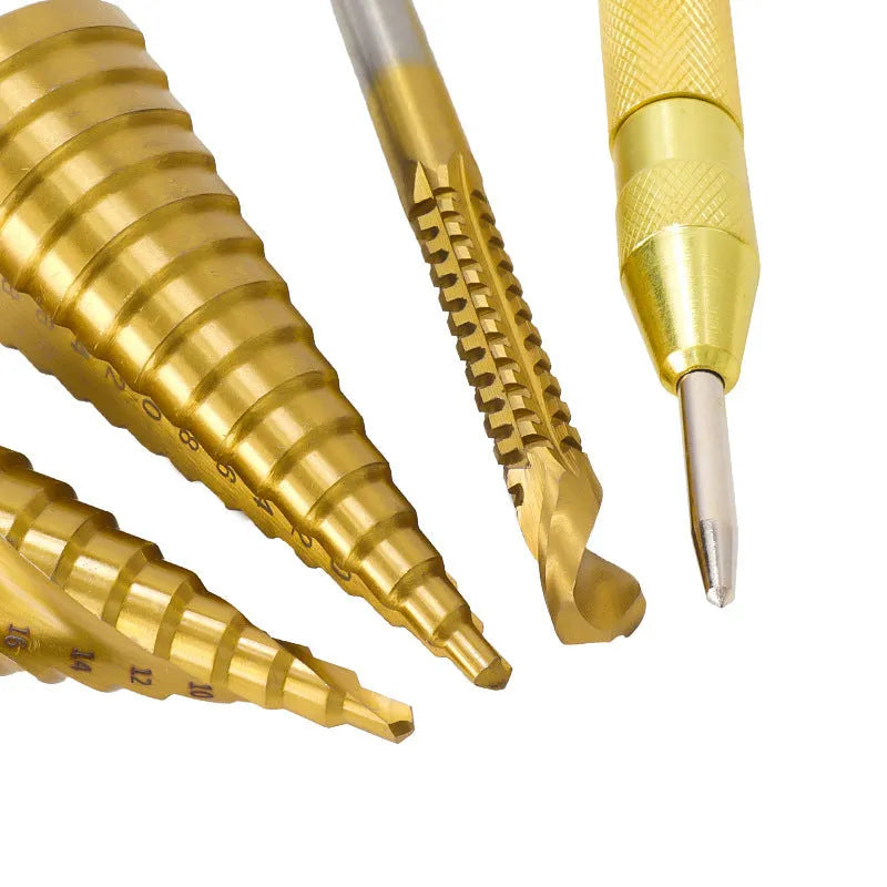 Cone step drill bit set with centre punch in high-speed steel for metalworking projects