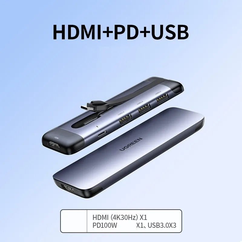 USB-C dock expansion adapter showing HDMI, USB 3.0, and Power Delivery ports with included cables