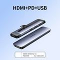 USB-C dock expansion adapter showing HDMI, USB 3.0, and Power Delivery ports with included cables