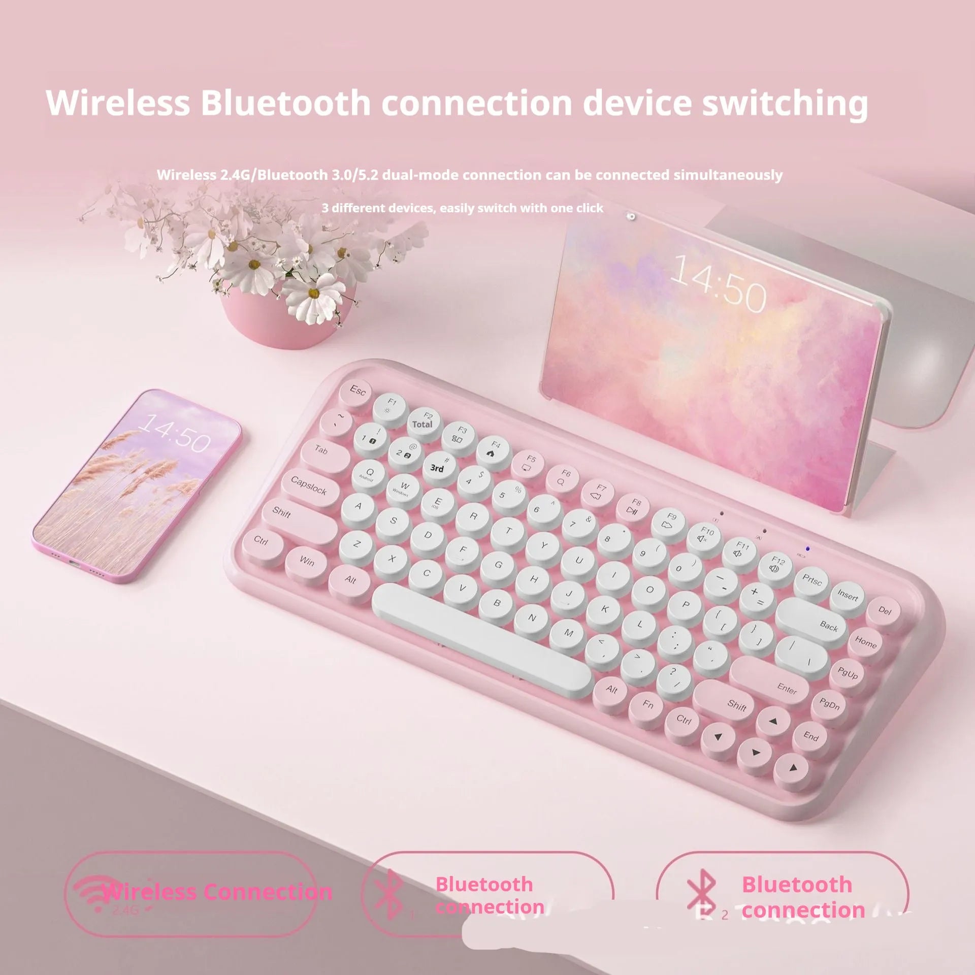 Pink wireless Bluetooth keyboard with 84 keys measuring 339mm wide