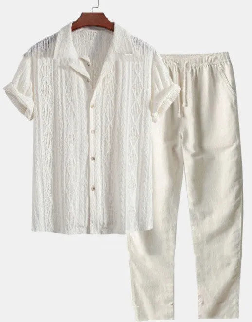 Men's loose fit short sleeve shirt and trousers suit in milk silk fabric for summer.