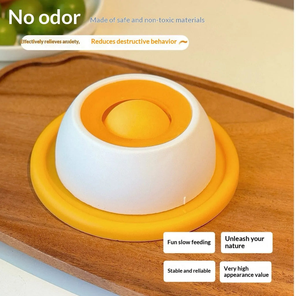Yellow anti-spill slow feeder cat toy for indoor cats
