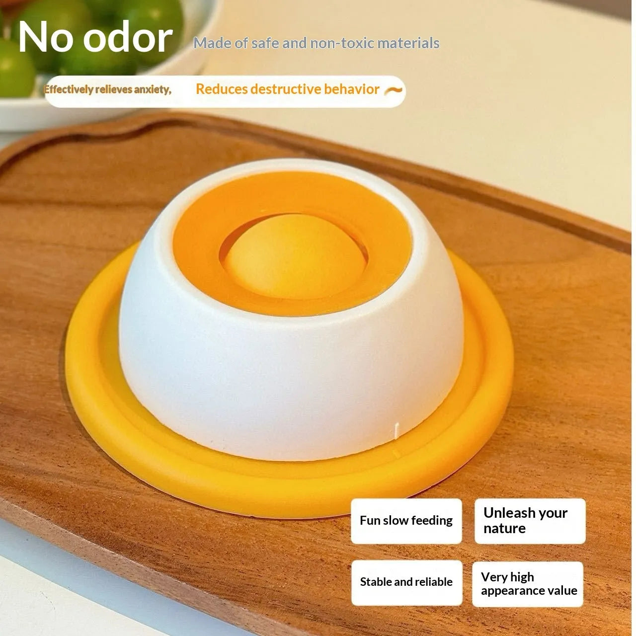 Yellow anti-spill slow feeder cat toy for indoor cats