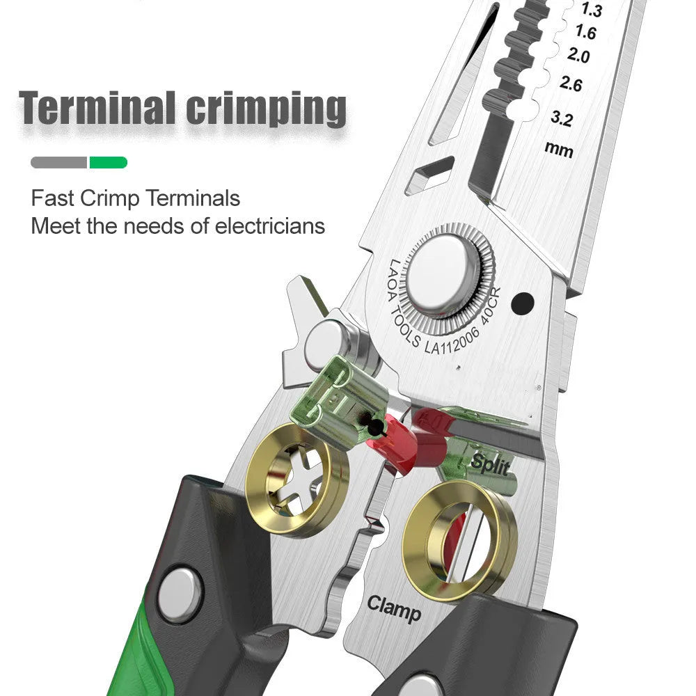 Stainless steel 7-in-1 wire stripper tool with two-colour ABS handle for optical fibre and electrical wires.