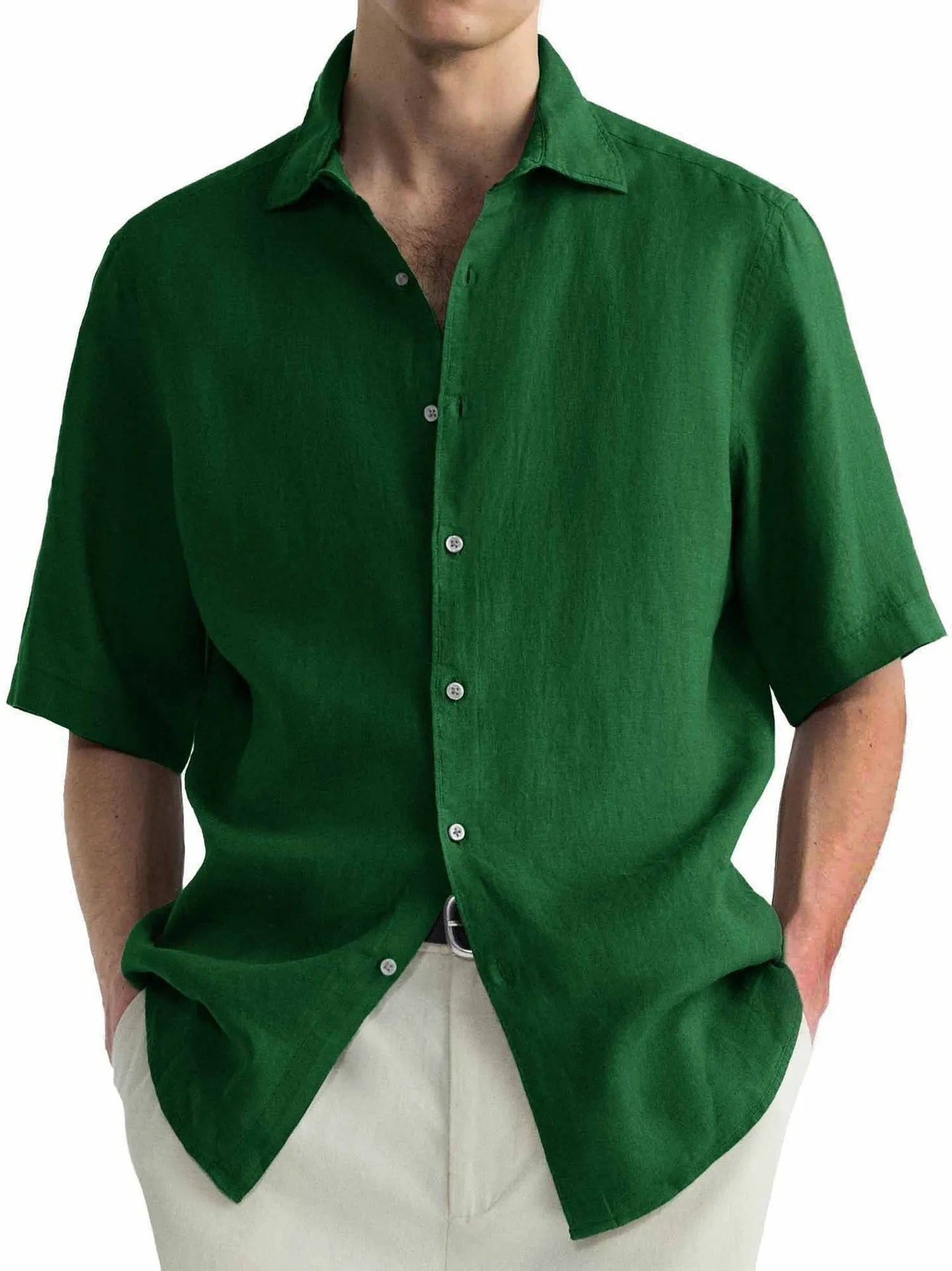 Men's green pure cotton casual shirt in cardigan style with regular fit, shown on a hanger.