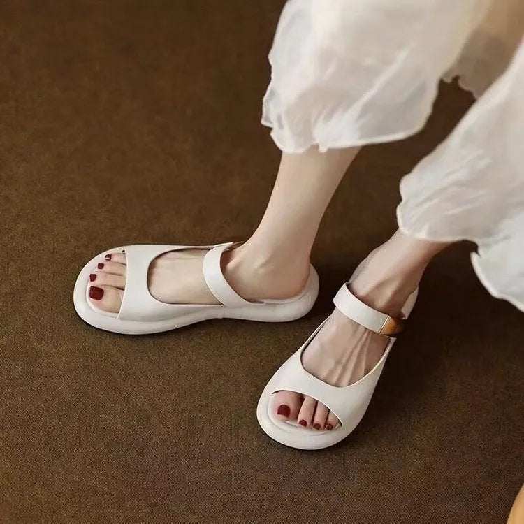 Apricot and white casual leather peep toe flat sandals with a rubber sole platform