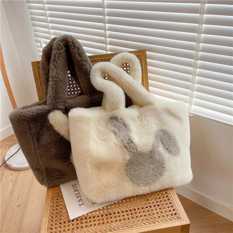 Plush cartoon rabbit ears tote bag in solid colour with shoulder strap
