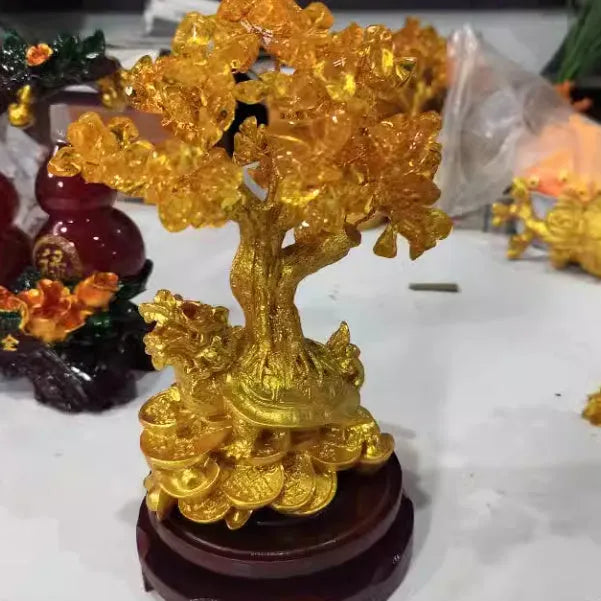 Citrine-coloured resin ornament of a Chinese-style small water turtle money tree.