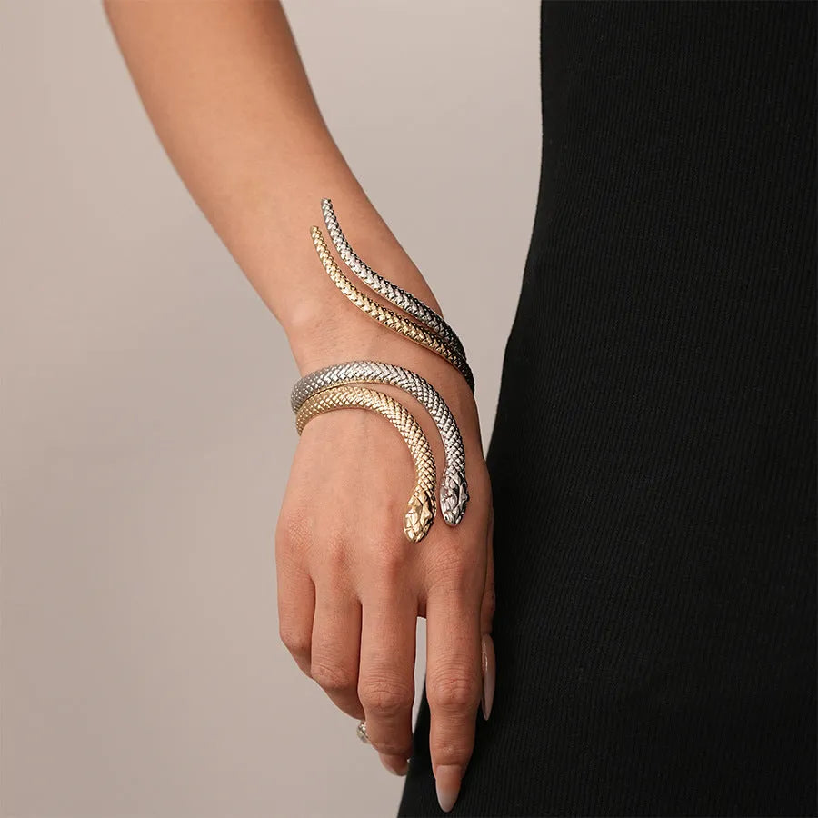 Simulated snake opening ring bracelet two-piece set with exaggerated twisted winding design
