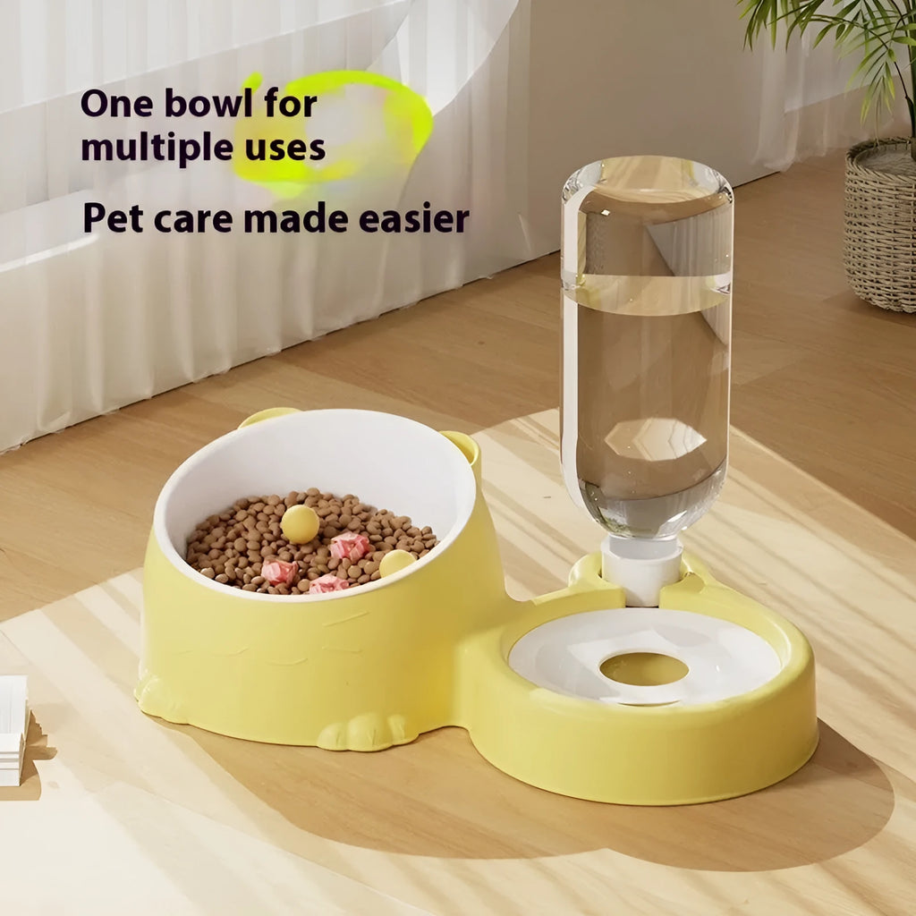 Double bowl automatic pet drinking basin with stainless steel ceramic base and removable plastic bowls