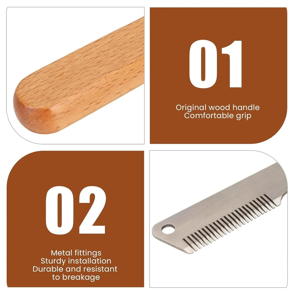 Wooden handled pet stripping comb grooming tool for dogs and cats on a table.