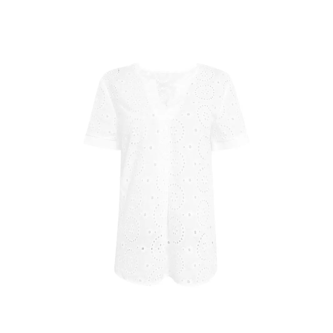 White women's V-neck t-shirt with hollow-out design detail and regular sleeves