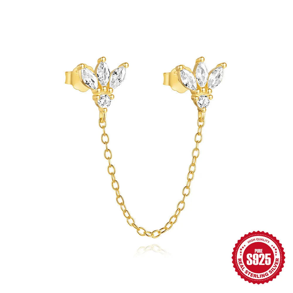 Golden geometric sterling silver stud earrings with zircon inlay, showing clover, crown, chain, and double piercing designs.