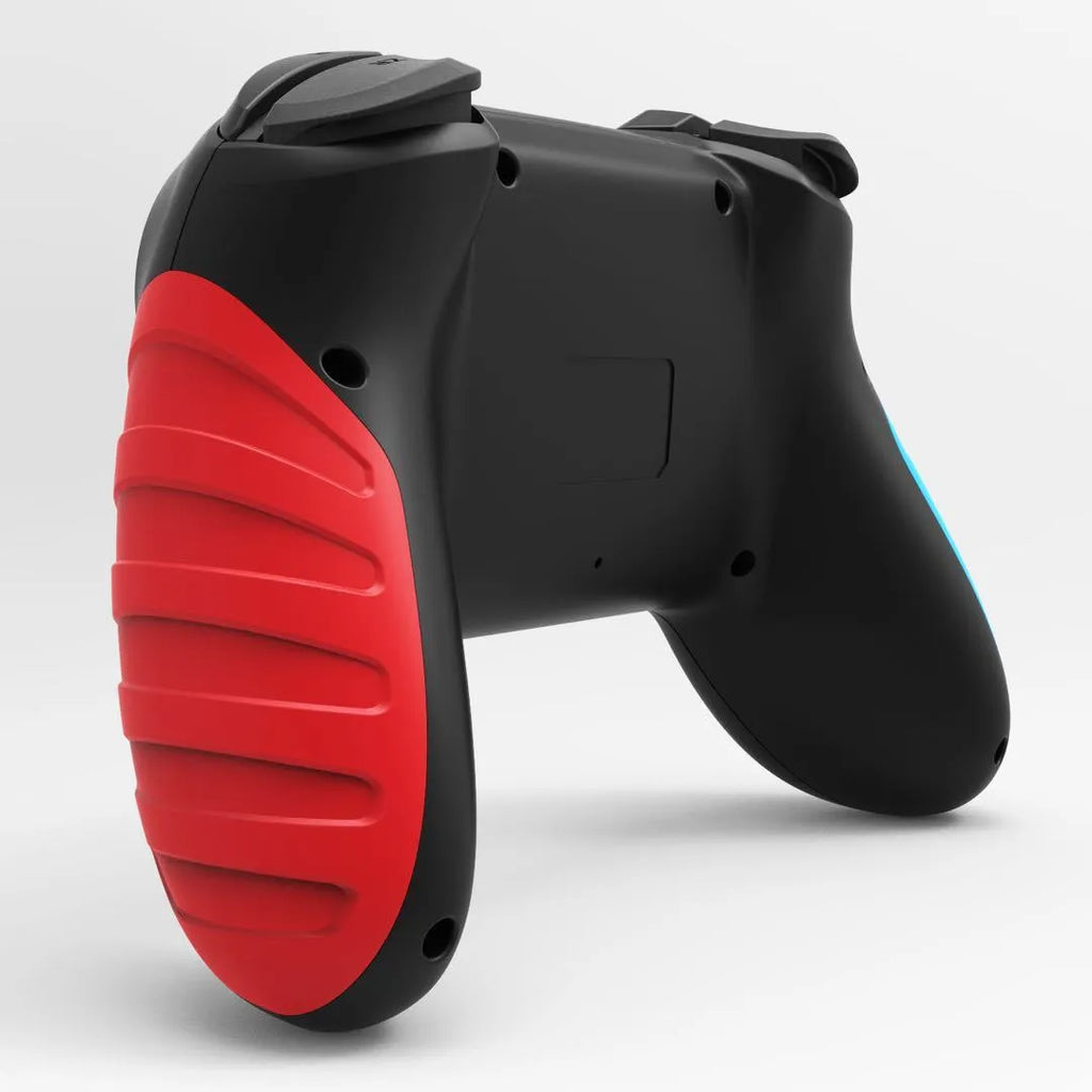 Red and blue wireless Bluetooth gamepad for Nintendo Switch and PC on a grey background.
