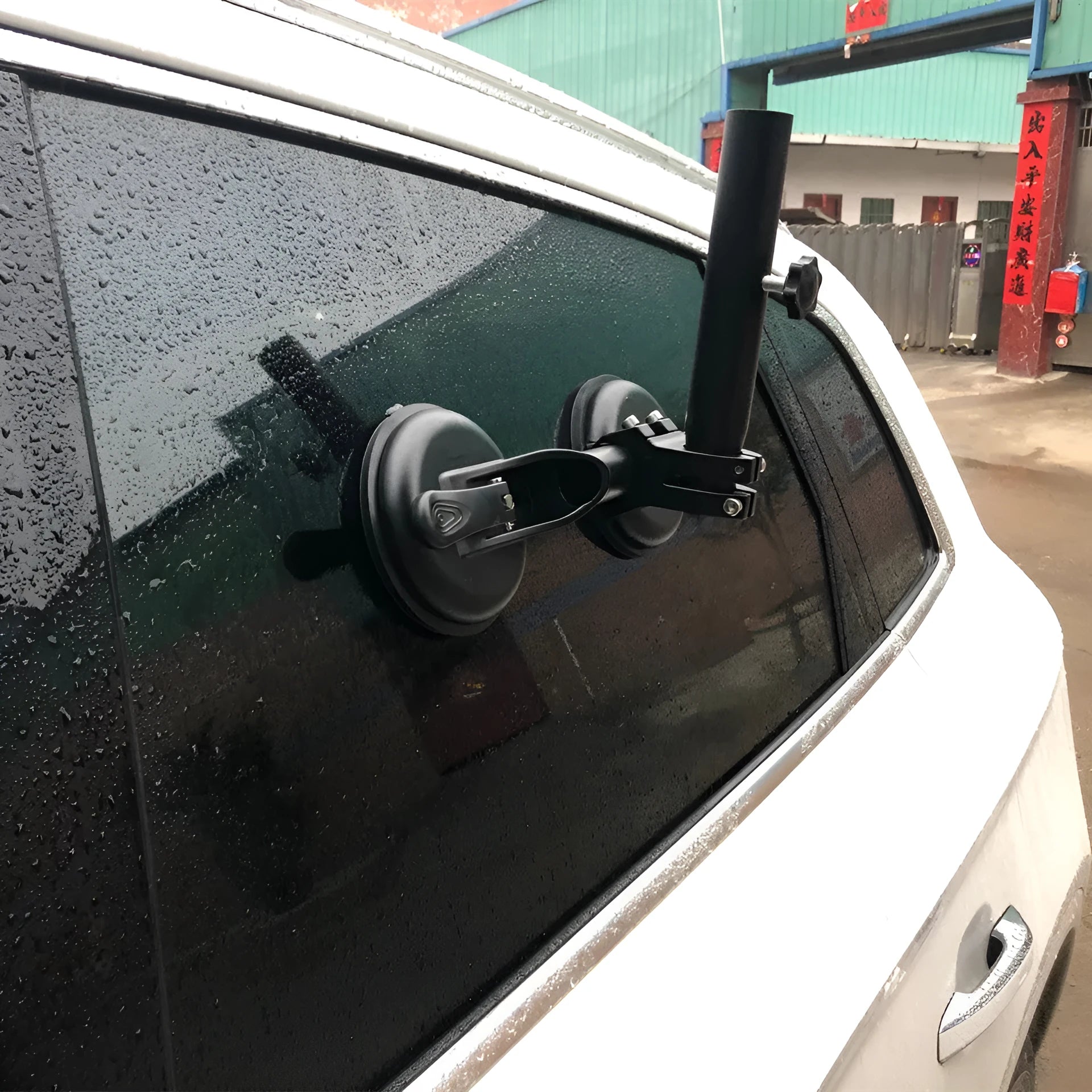 Black car window sucker flagpole mount with heavy rubber suction cup for off-road vehicles