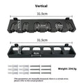 Black ABS plastic wall-mounted fishing rod holder showing vertical and horizontal mounting options