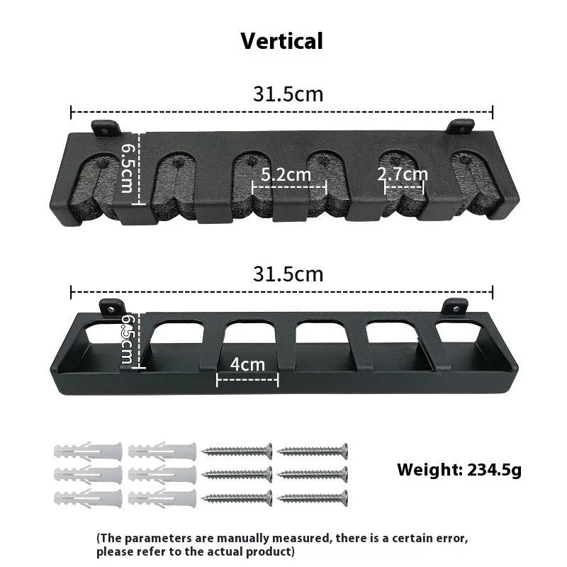 Black ABS plastic wall-mounted fishing rod holder showing vertical and horizontal mounting options