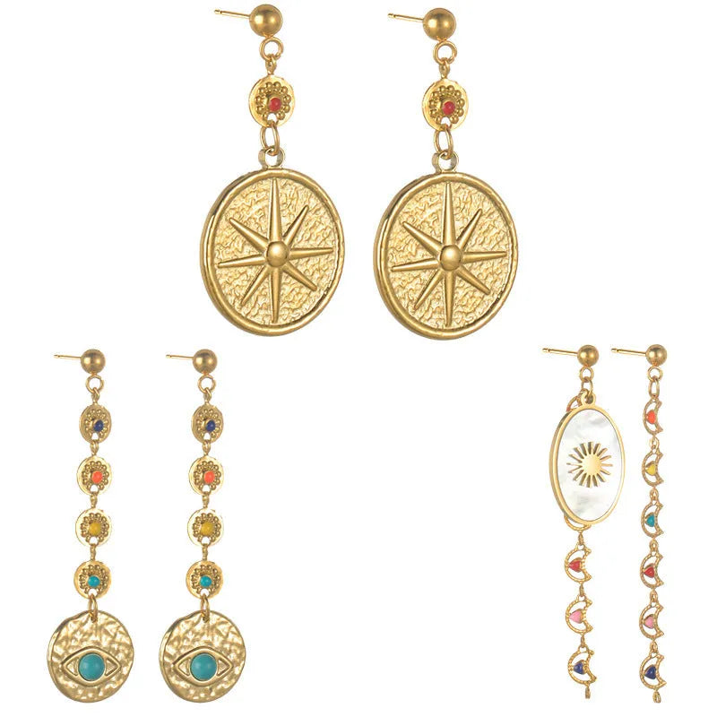 Stainless steel geometric personality earrings showing Eight Awn Star, Eye, and Shell Sun designs.