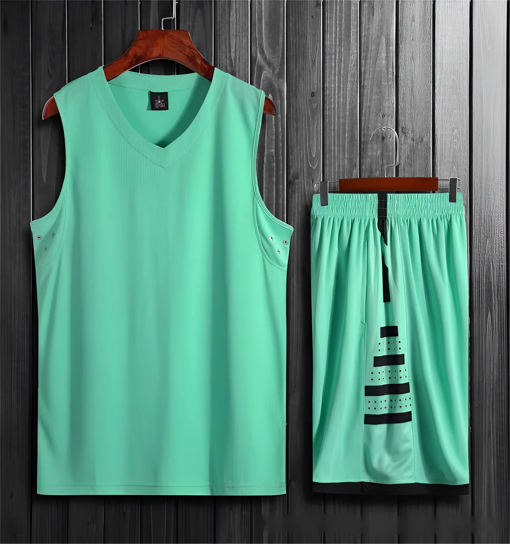 Black and white unisex sports vest for basketball and training, shown with matching pants.