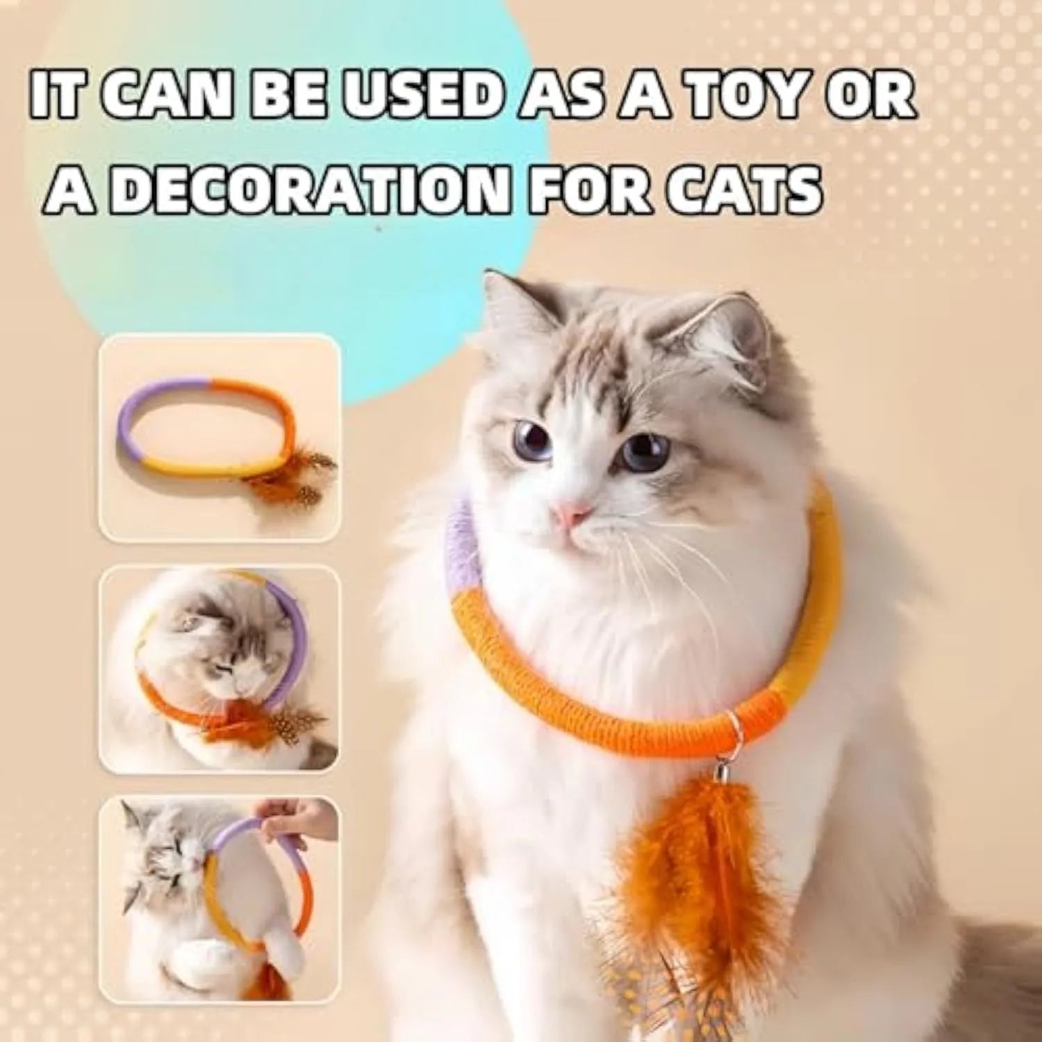 Green circular cotton rope cat toy with feather attachments for chewing and interactive play
