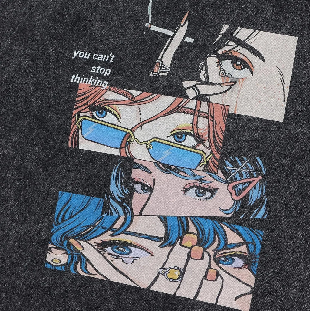 Men's washed black cotton t-shirt with cartoon pattern print in loose street style